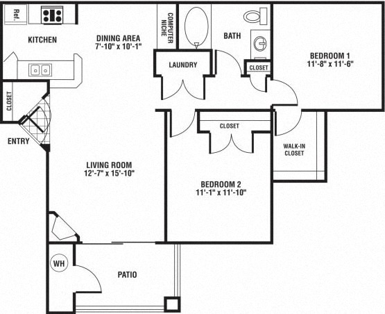 Floor plan for 2 beds, 1 bath, 950 sqft